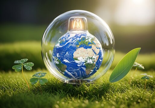 Earth inside a light bulb, symbolizing environmental protection and sustainability