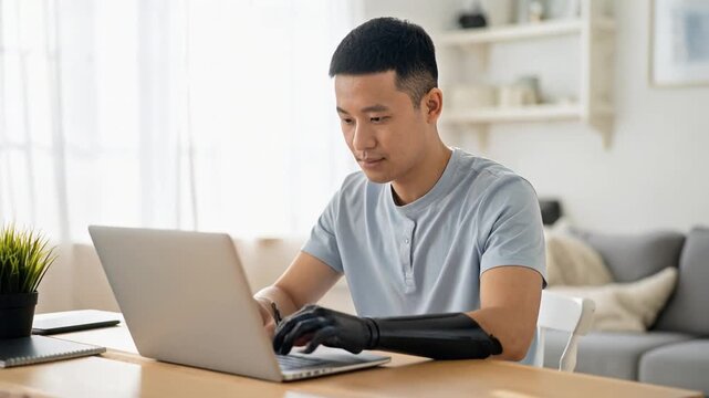 Young Asian Man with Prosthetic Arm Working from Home on Laptop