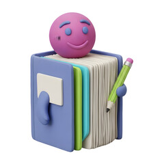 A happy clay figure emerges from a book writing
