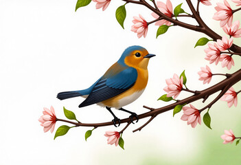 Obraz premium a close-up of a small bird perched on a branch of a tree. The bird is facing towards the right side of the image and appears to be looking towards the left side. It