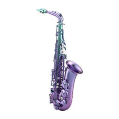 Iridescent Purple and Teal Saxophone Against Black Background