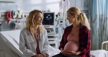 Pregnant woman smiling while talking with a female doctor during a check-up