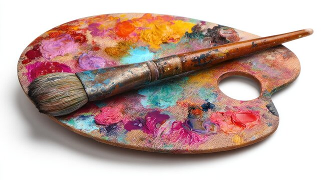 A well-used wooden artist's palette covered in a vibrant mix of dried paint, with a paintbrush resting on top. The white backdrop provides contrast - Powered by Adobe