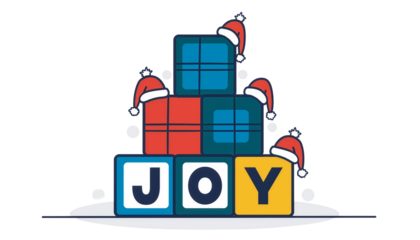 Festive Stacking Blocks Spelling JOY with Santa Hats Minimalist Vector Illustration for Christmas Holidays isolated background
