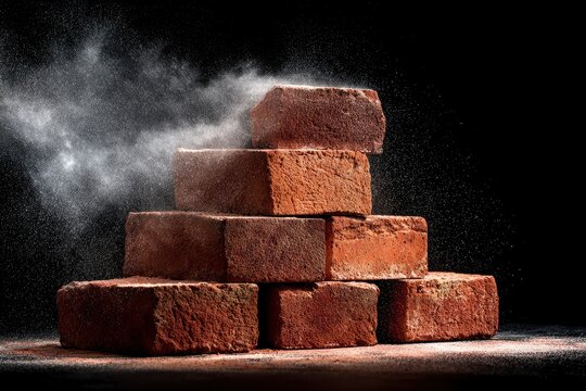 This striking studio image features a stack of rustic red bricks, arranged in a sturdy configuration, set against a dark, contrasting background. A mesmerizing cloud of fine white dust dramatically bi