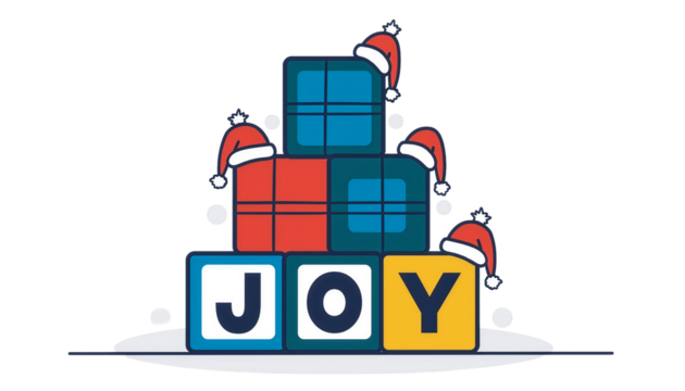 Festive Stacking Blocks Spelling JOY with Santa Hats Minimalist Vector Illustration for Christmas Holidays isolated background