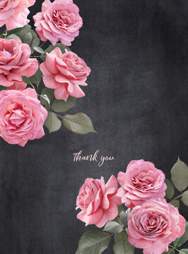 Floral card with copy space. Pink roses on dark textured grange background. Bouquet of garden flowers.