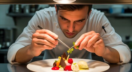 A chef carefully decorates a gourmet dessert with precision and attention to detail in a professional kitchen setting