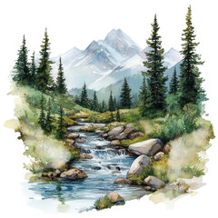 Watercolor mountain view on transparent background