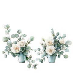 Roses and eucalyptus art on transparent background