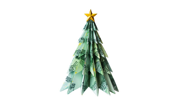 Unique Christmas Money Tree Artfully Folded from Currency Notes, Topped with a Radiant Golden Star isolated background