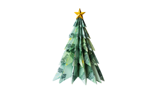 Unique Christmas Money Tree Artfully Folded from Currency Notes, Topped with a Radiant Golden Star isolated background