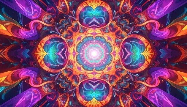 Kaleidoscopic symmetry vibrant abstract art with swirling shapes and warm/cool color contrasts, centered around light