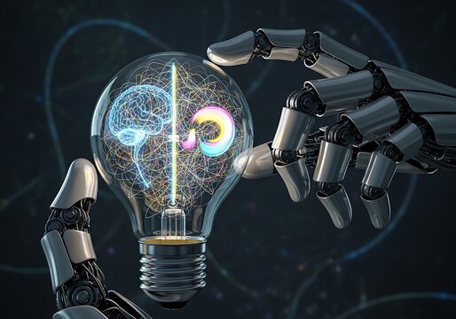 Robot hand holding a light bulb with a brain inside