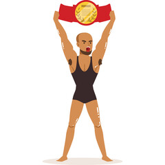 Muscular bald man in black singlet holding up a red championship belt above his head in victory pose with white background and isolated on transparent background