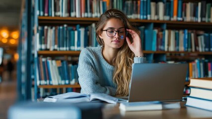 Young woman studies in a school library using a laptop while surrounded by bookshelves filled with various books - Powered by Adobe