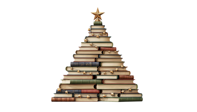 Literary Christmas Tree Stacked Vintage Books with Golden Star and Festive Garland on isolated background