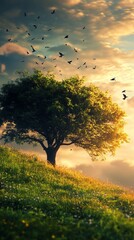 Lush hillside meadow at sunrise, a solitary tree