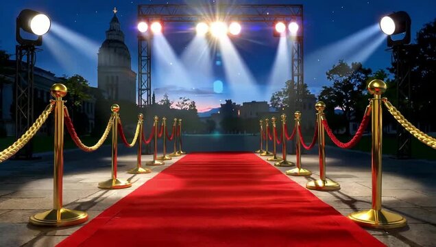 Red carpet event setup with spotlights and elegant rope barriers