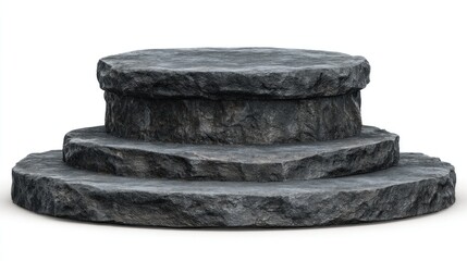 A gray stone structure features three circular tiers, decreasing in size as they ascend. The rough-hewn texture suggests a natural origin against a white backdrop