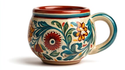 A round ceramic mug, adorned with vibrant floral and leaf patterns in red, teal, yellow, and green, rests on a white background
