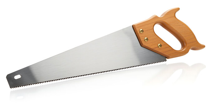 Hand Saw with Wooden Handle on White Background woodworking tool carpentry blade cut teeth carpenter equipment