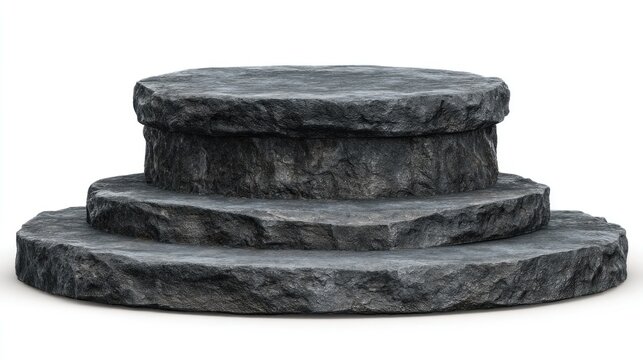 A gray stone structure features three circular tiers, decreasing in size as they ascend. The rough-hewn texture suggests a natural origin against a white backdrop