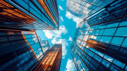 Modern skyscrapers cluster, viewed from below, against a vibrant blue sky dotted with clouds