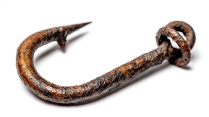A close-up shot shows a heavily rusted, antique fishing hook. The hook's curved shaft is marred by corrosion, highlighting its age & use. The background is stark white
