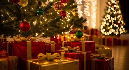 Warmly lit christmas tree adorned with ornaments and surrounded by many red and gold wrapped presents