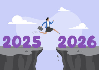 Confident businesswoman attempt to jump high overcome risk 