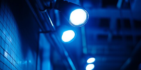 Nighttime blue-toned urban alleyway with spotlights