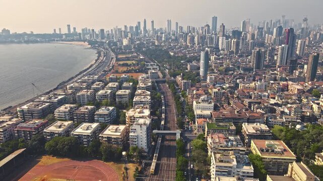 Aerial View of Mumbai's Iconic Queen's Necklace. skyline cityscape of Mumbai, India.