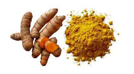 Turmeric root powder isolated on transparent background