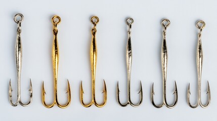 Six treble hooks with eyelets and sharp points, arranged horizontally. Three are gold-toned, the others silver, against a white background