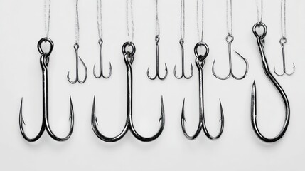Close-up, monochrome image of fishing hooks of varying sizes and designs, hanging against a plain white backdrop, showing their details