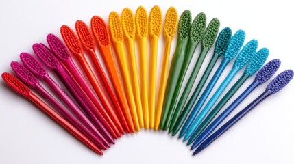 A colorful fan of toothbrushes in every shade of the rainbow against a clean white background, arranged in a pleasing arc