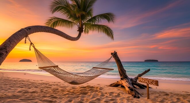 A tranquil tropical beach scene during sunset featuring a hammock tied between a leaning palm tree and a driftwood log with a small sign reading 'Paradise' on the sandy shore