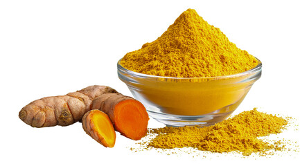 Turmeric root and powder isolated on transparent background