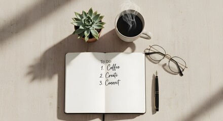 A neatly organized workspace featuring a cup of coffee, a pair of glasses, a pen, and a notebook with a to-do list on a light wooden surface illuminated by natural sunlight