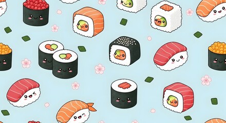 Cute and colorful cartoon sushi pieces with smiling faces and playful expressions scattered on a light blue background, creating a fun and whimsical food-themed pattern