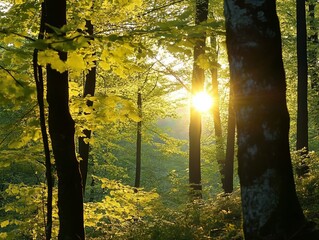 Sunlight streams through a lush forest canopy