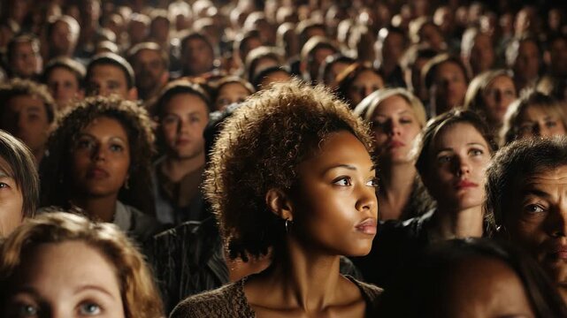 Audience of diverse adults engaged in a lively event at a large theater