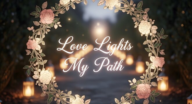 A beautifully decorated outdoor scene featuring a floral wreath with soft glowing lights and a heartfelt message that reads 'Love Lights My Path' in elegant script