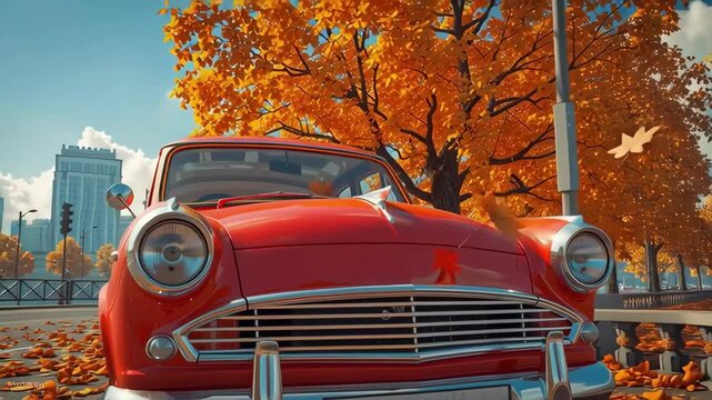 Vibrant orange vintage car parked under a tree with golden autumn leaves, showcasing the beauty of the season and the charm of classic automobiles in a picturesque urban setting