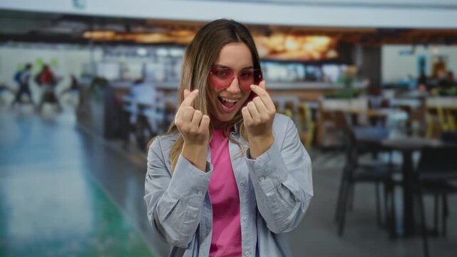 Woman in restaurant makes heart gesture with fingers wearing pink sunglasses and casual clothes, smiling at camera indoors with modern decor background.