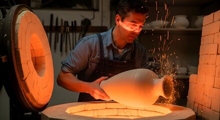 A craftsman is working on a ceramic piece in a workshop, using a torch to add finishing touches to the pottery with sparks flying around
