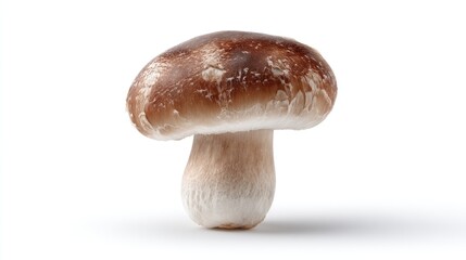 Fototapeta premium Single, large mushroom with a dark brown cap and a thick, off-white stem, isolated on a bright white background; showing subtle textural details