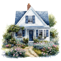 Cottage with flower garden on transparent background