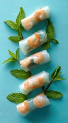 Delicate translucent spring rolls with shrimp and herbs, dish from Vietnam on turquoise backdrop, food photo, template for social media, digital ads, web banner, mobile wallpaper, greetings card